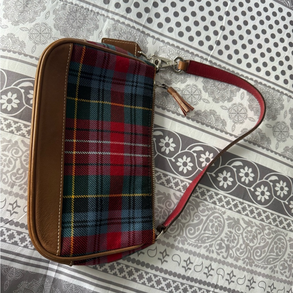 Coach Plaid and Brown Leather Small Arm Bag